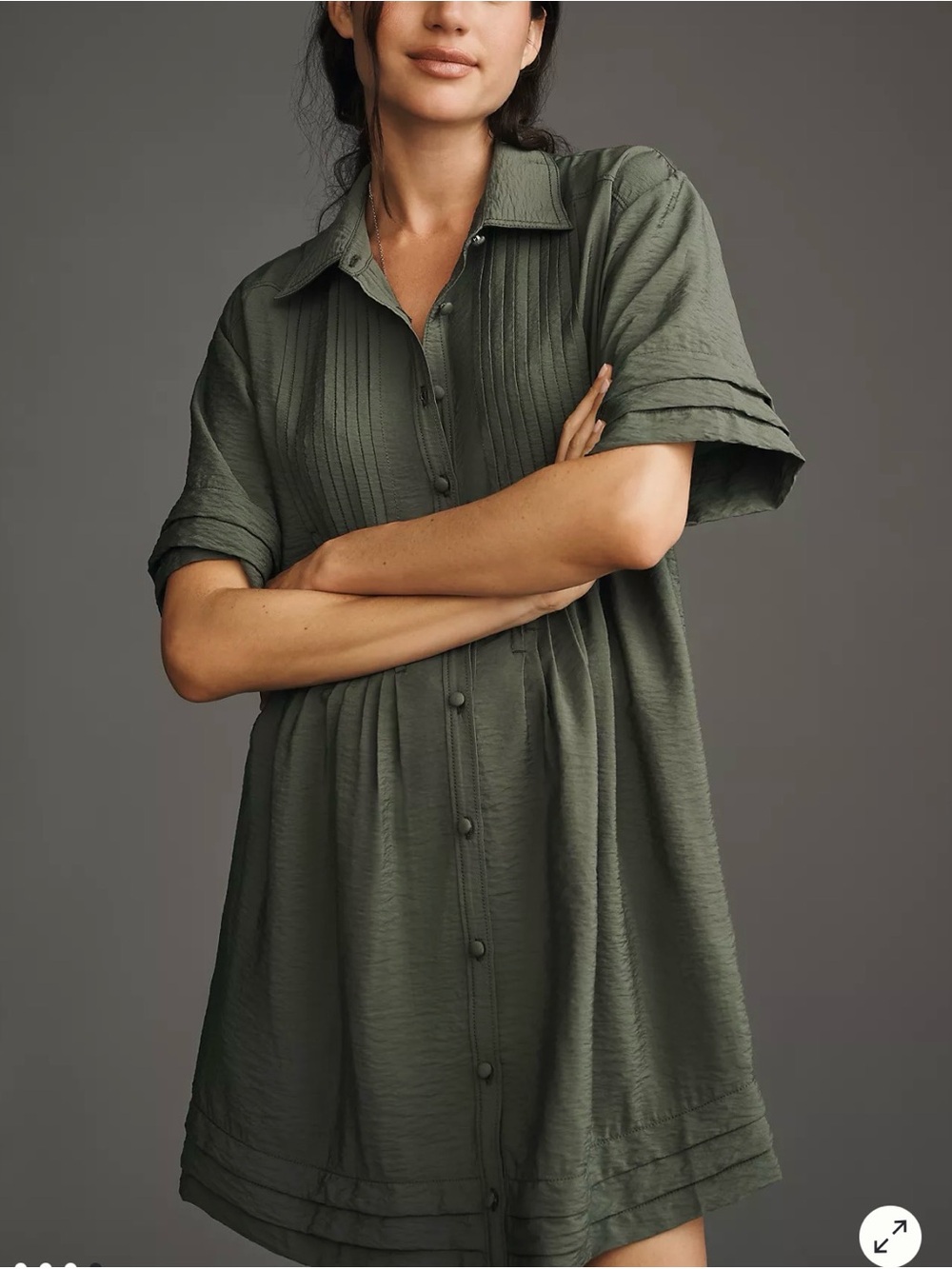 Anthropologie Pilcro Sage Green Pintuck Button-Front Shirt Dress, Size XL